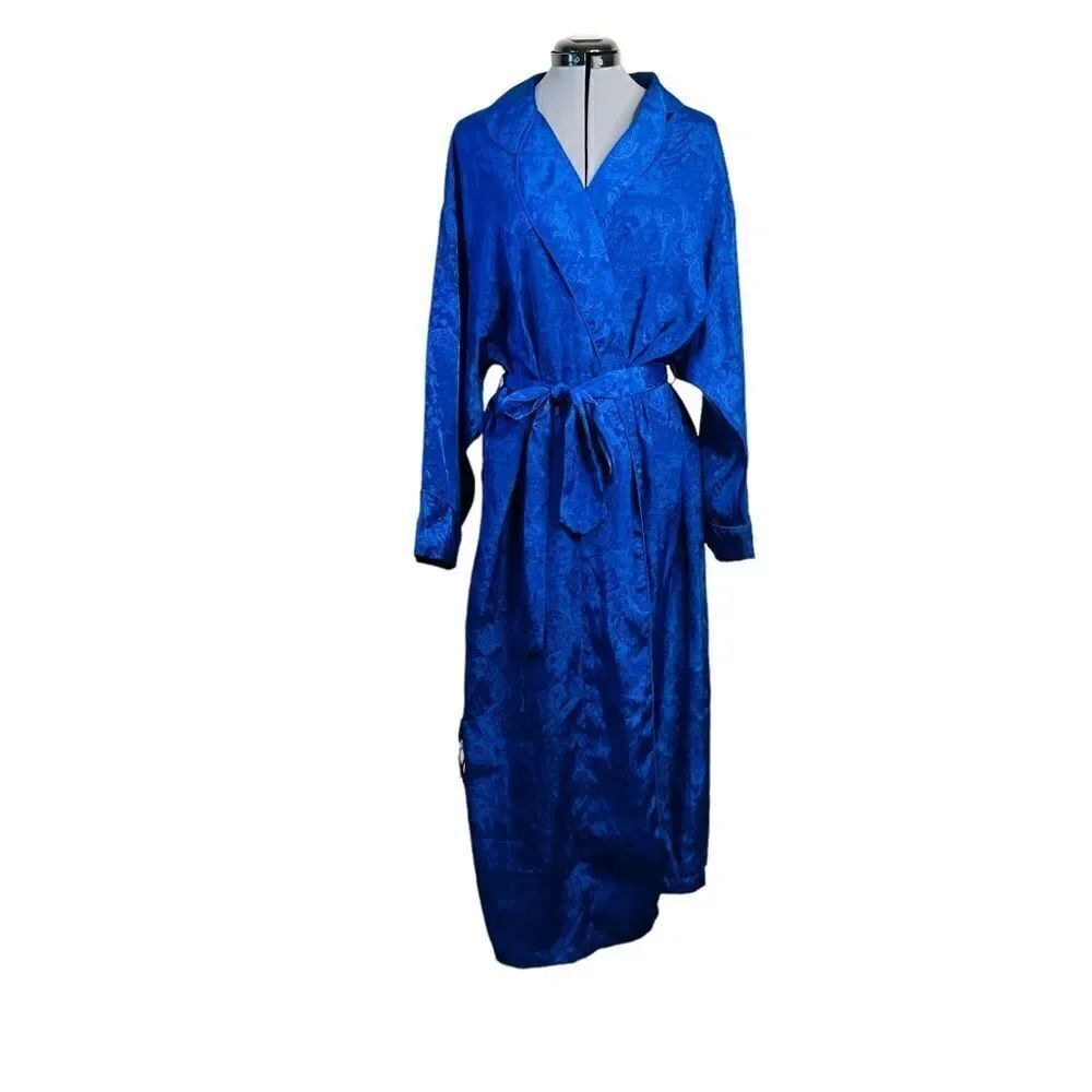 Vintage Victoria's Secret Gold Label Royal Blue Satin Floral Robe Size M/L